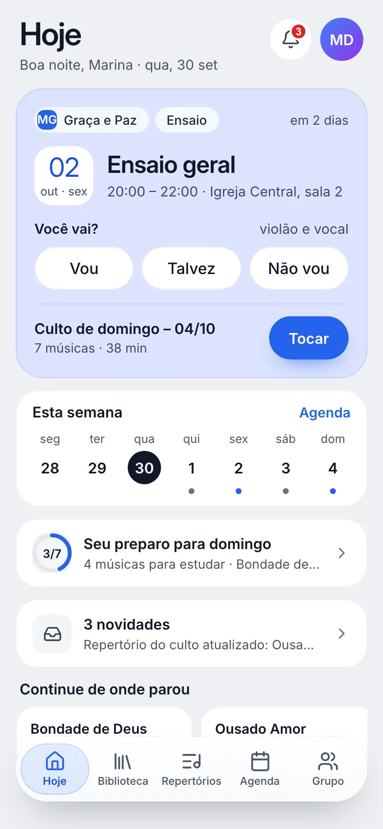 Tela Hoje no celular: o ensaio geral com Vou, Talvez e Não vou, a semana e o preparo para domingo.
