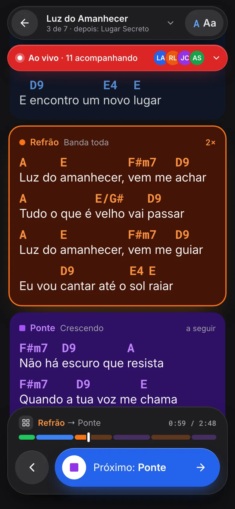 Live no celular: 11 pessoas acompanhando, o refrão marcado e o botão Próximo: Ponte.